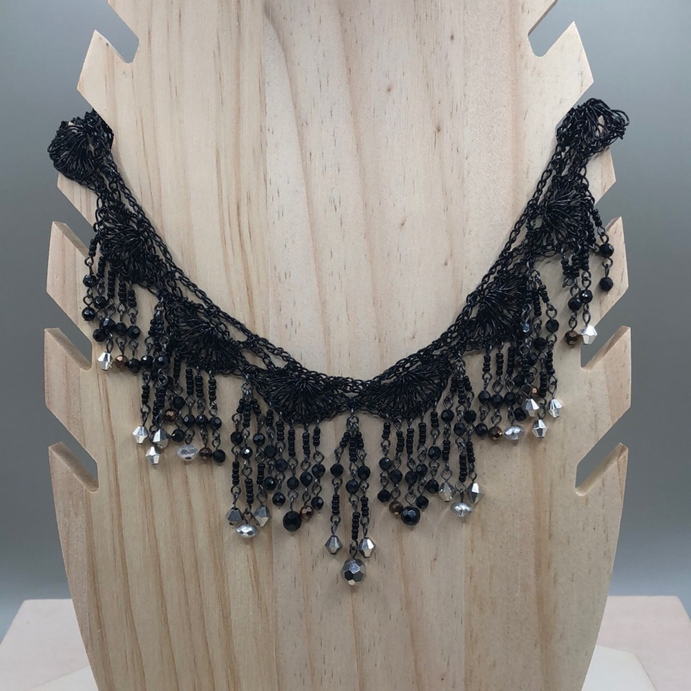 Chico's Skyylar Black Fringe Necklace Dark Romantic Statement New.